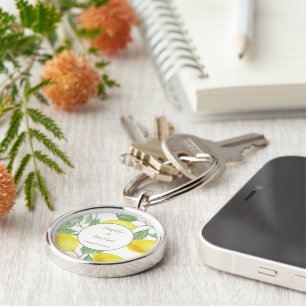 Modern Gold Yellow Lemons Green Leaves Wedding Key Ring