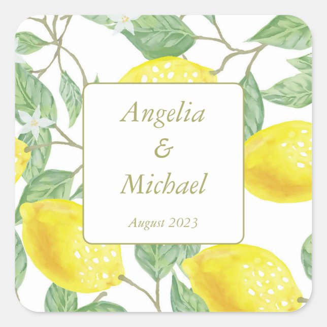 Modern Gold Yellow Lemons Green Leaves Wedding Square Sticker (Front)