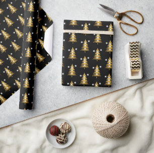 Modern Golden Black Christmas Tree  Wrapping Paper