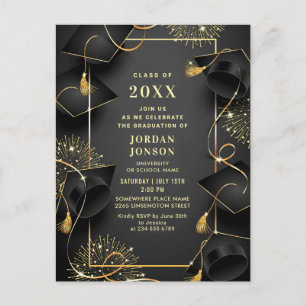 Modern Golden Black Graduation Party Invitation Postcard