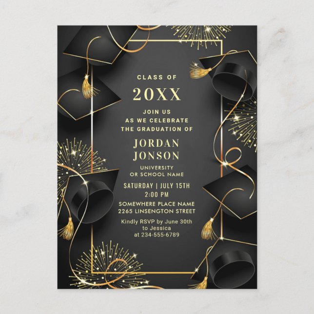 Modern Golden Black Graduation Party Invitation QR Postcard (Front)