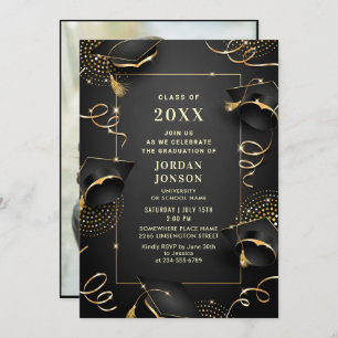 Modern Golden Black Graduation Party Photo Invitation