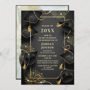 Modern Golden Black Graduation Party Photo Invitation