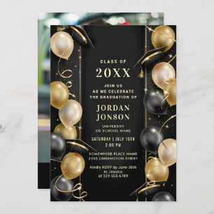 Modern Golden Black Graduation Party Photo Invitation