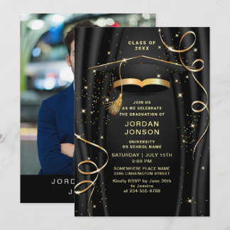 Modern Golden Black Graduation Party Photo Invitation