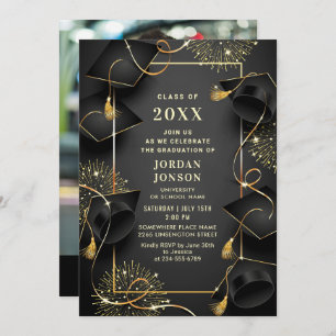 Modern Golden Black Graduation Party Photo Invitation