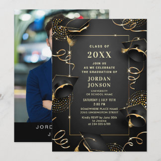 Modern Golden Black Graduation Party Photo Invitation