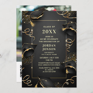 Modern Golden Black Graduation Party Photo QR code Invitation