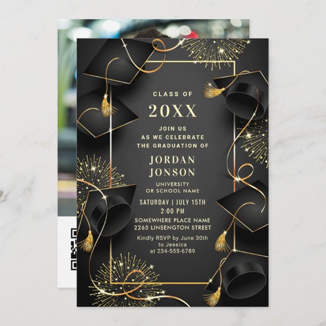Modern Golden Black Graduation Party Photo QR code Invitation (Front/Back)