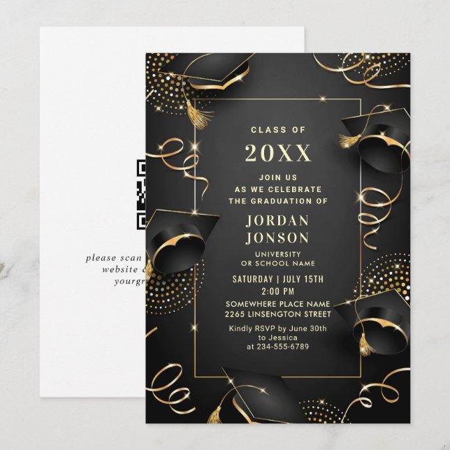 Modern Golden Black Graduation Party QR code Invitation (Front/Back)
