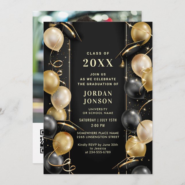 Modern Golden Black Graduation Party QR code Photo Invitation (Front/Back)