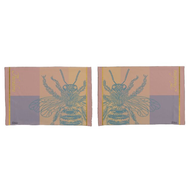 Modern Golden Blue Bee Pillowcase (Front-Set)