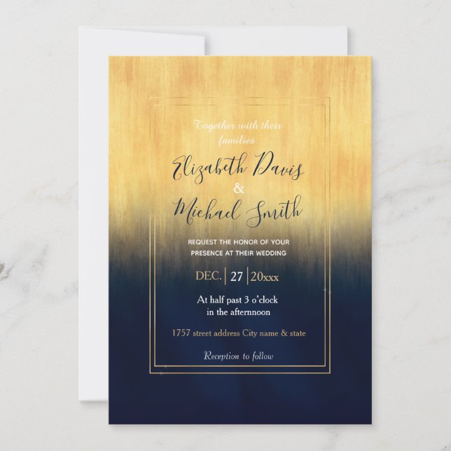 Modern Golden Blue Brushstrokes Invitation (Front)