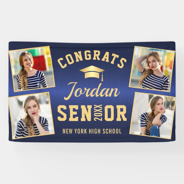 Modern Golden Blue Graduation Class of 2026 PHOTO Banner (Horizontal)