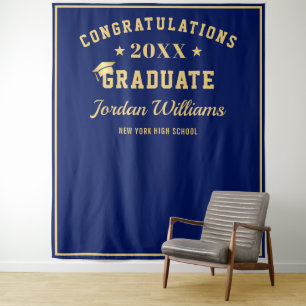 Modern Golden Blue Graduation Photo Booth Backdrop Tapestry