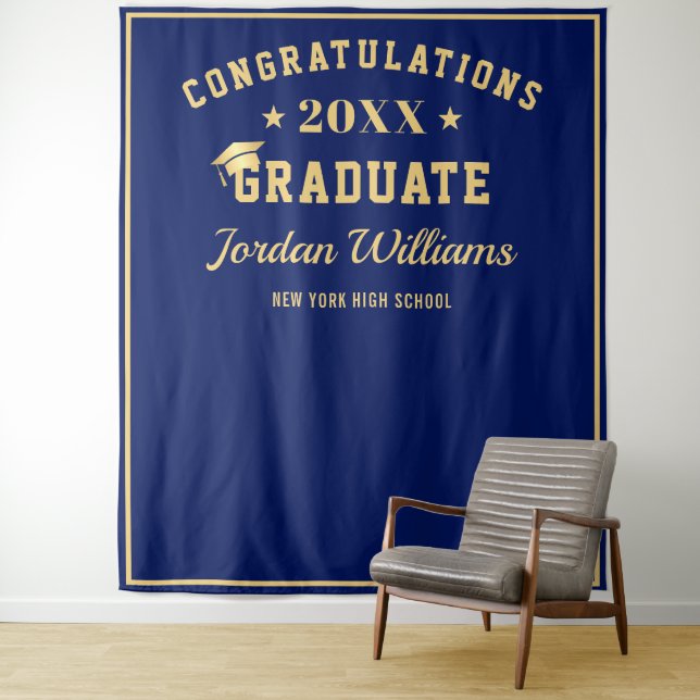 Modern Golden Blue Graduation Photo Booth Backdrop Tapestry (In Situ)