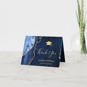 Modern Golden Blue Marble Agate Graduation Party Thank You Card