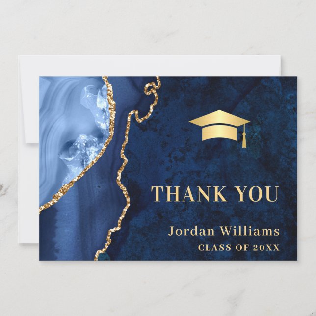 Modern Golden Blue Marble Agate Graduation Thank You Card (Front)