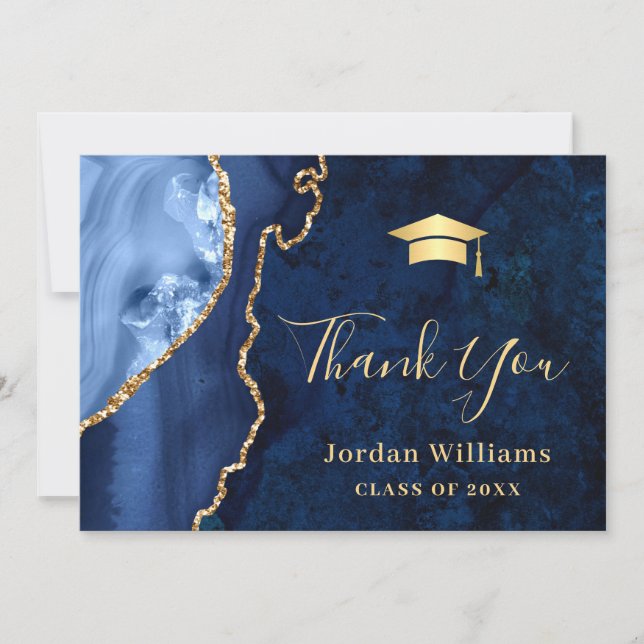Modern Golden Blue Marble Agate Graduation Thank You Card (Front)