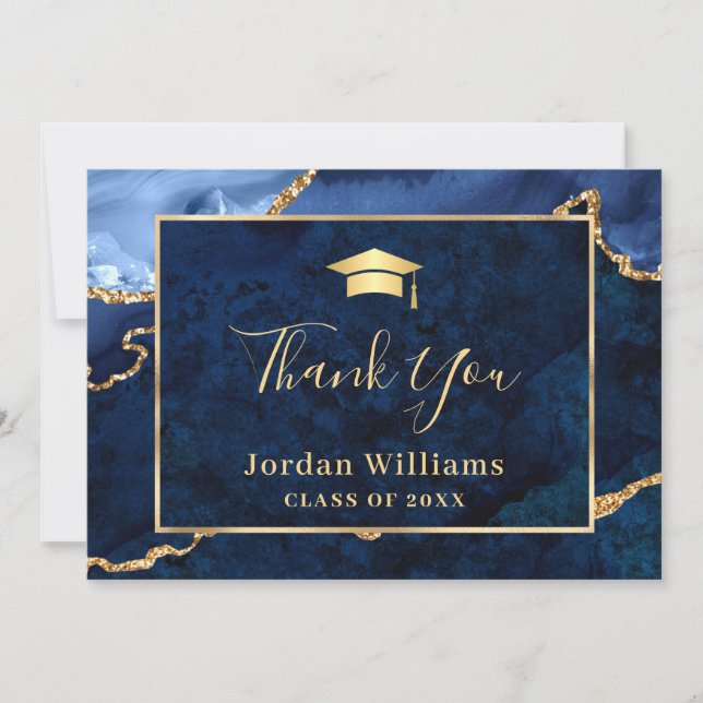 Modern Golden Blue Marble Agate Graduation Thank You Card (Front)