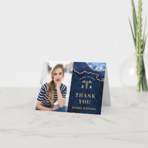 Modern Golden Blue Marble Agate RN Graduation Than Thank You Card