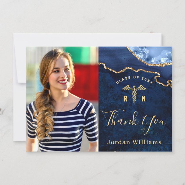 Modern Golden Blue Marble Agate RN Graduation Thank You Card (Front)