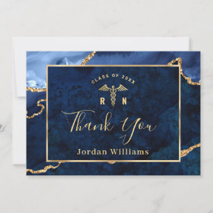 Modern Golden Blue Marble Agate RN Graduation Thank You Card