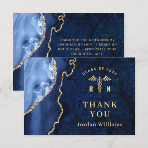 Modern Golden Blue Marble Agate RN Graduation Thank You Card