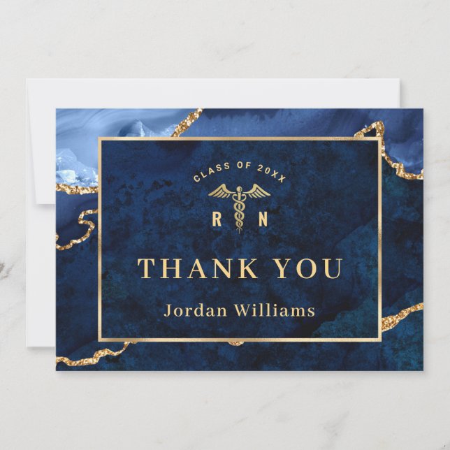 Modern Golden Blue Marble Agate RN Graduation Thank You Card (Front)