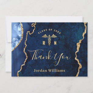 Modern Golden Blue Marble RN Nursing Graduation Thank You Card