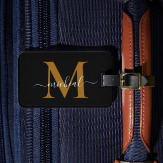 Modern Golden Brown & Black Monogram Script Name Luggage Tag