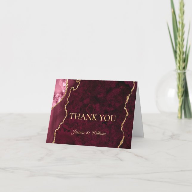 Modern Golden Burgundy Marble Agate Thank You Card (Front)