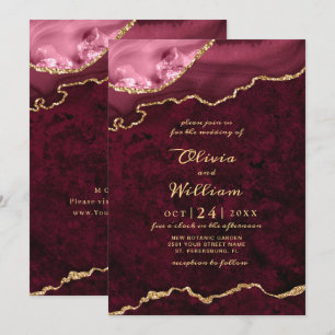 Modern Golden Burgundy Marble Agate Wedding Invitation