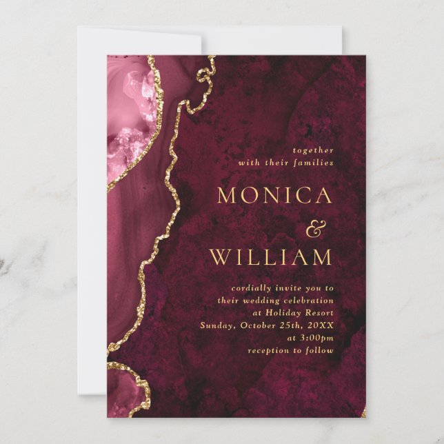 Modern Golden Burgundy Marble Agate Wedding Invitation (Front)