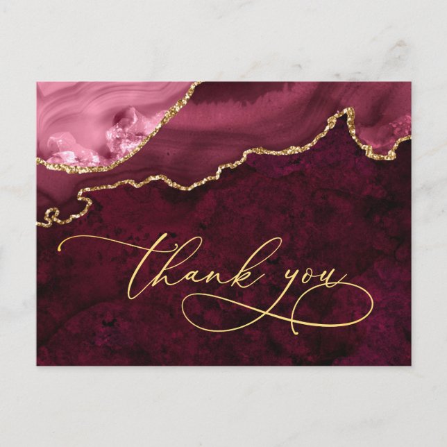 Modern Golden Burgundy Marble Wedding Thank You Postcard (Front)