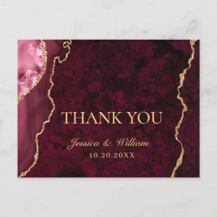 Modern Golden Burgundy Marble Wedding Thank You Postcard