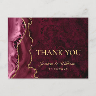 Modern Golden Burgundy Marble Wedding Thank You Postcard