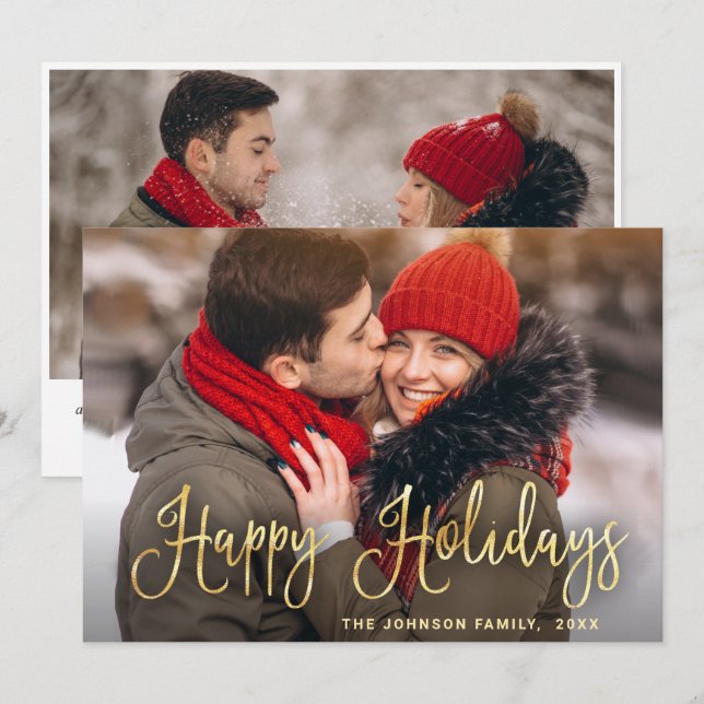 Modern Golden Christmas 2 PHOTO Greeting Holiday Card (Front/Back)