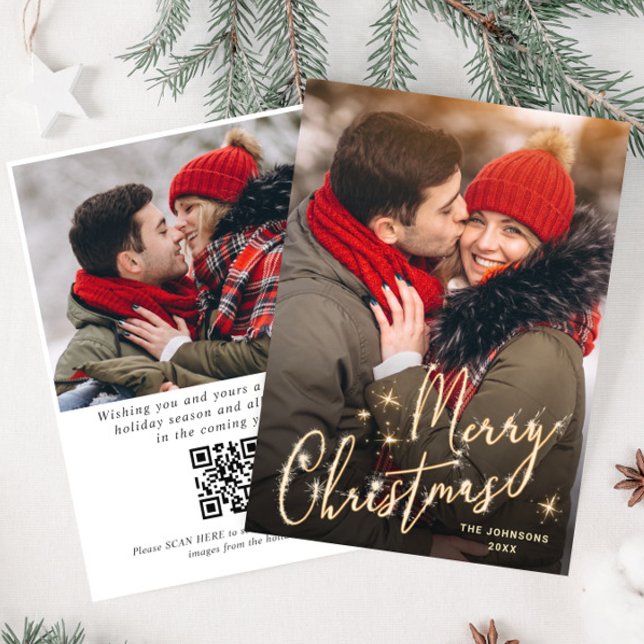 Modern Golden Christmas 2 PHOTO QR code Holiday Card (Creator Uploaded)