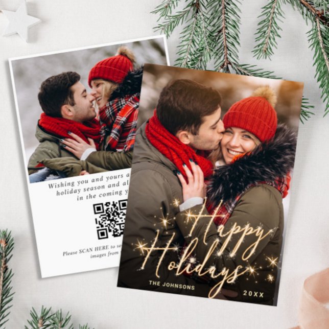 Modern Golden Christmas 2 PHOTO QR code Holiday Card (Creator Uploaded)