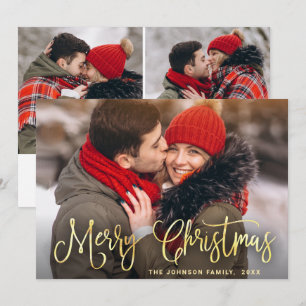 Modern Golden Christmas 3 PHOTO Greeting Holiday Card