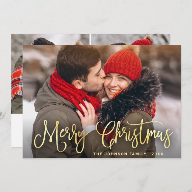 Modern Golden Christmas 3 PHOTO Greeting Holiday Card (Front/Back)