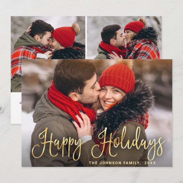 Modern Golden Christmas 3 PHOTO Greeting Holiday Card (Front/Back)