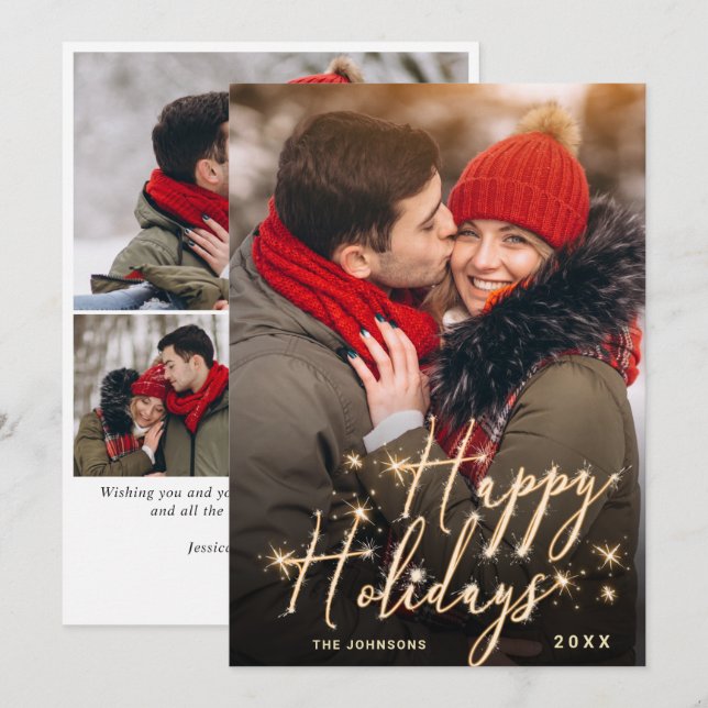 Modern Golden Christmas 4 PHOTO Greeting Holiday C Card (Front/Back)