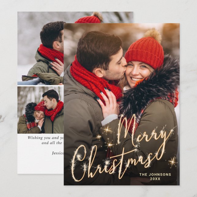 Modern Golden Christmas 4 PHOTO Greeting Holiday C Card (Front/Back)