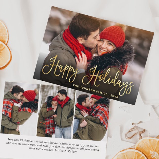 Modern Golden Christmas 4 PHOTO Greeting Holiday Card (Creator Uploaded)