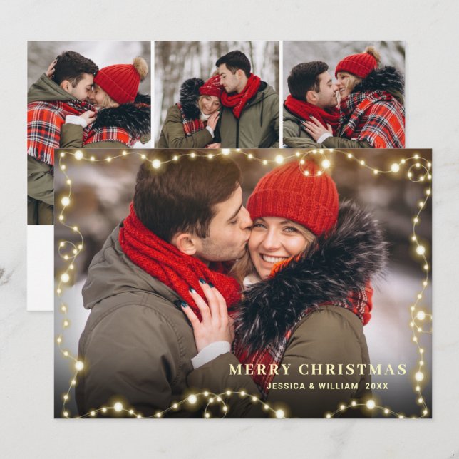 Modern Golden Christmas 4 PHOTO Greeting Holiday Card (Front/Back)