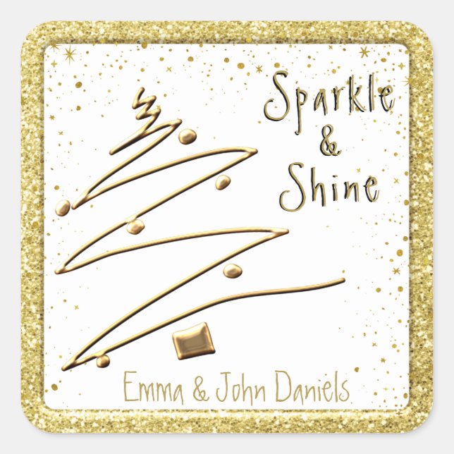 Modern, Golden Christmas Stickers, Name, Square Sticker (Front)