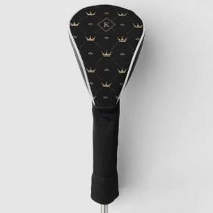 Modern Golden Crown Pattern Monogram Initial Black Golf Head Cover