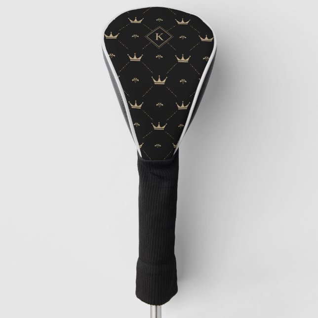 Modern Golden Crown Pattern Monogram Initial Black Golf Head Cover (Front)